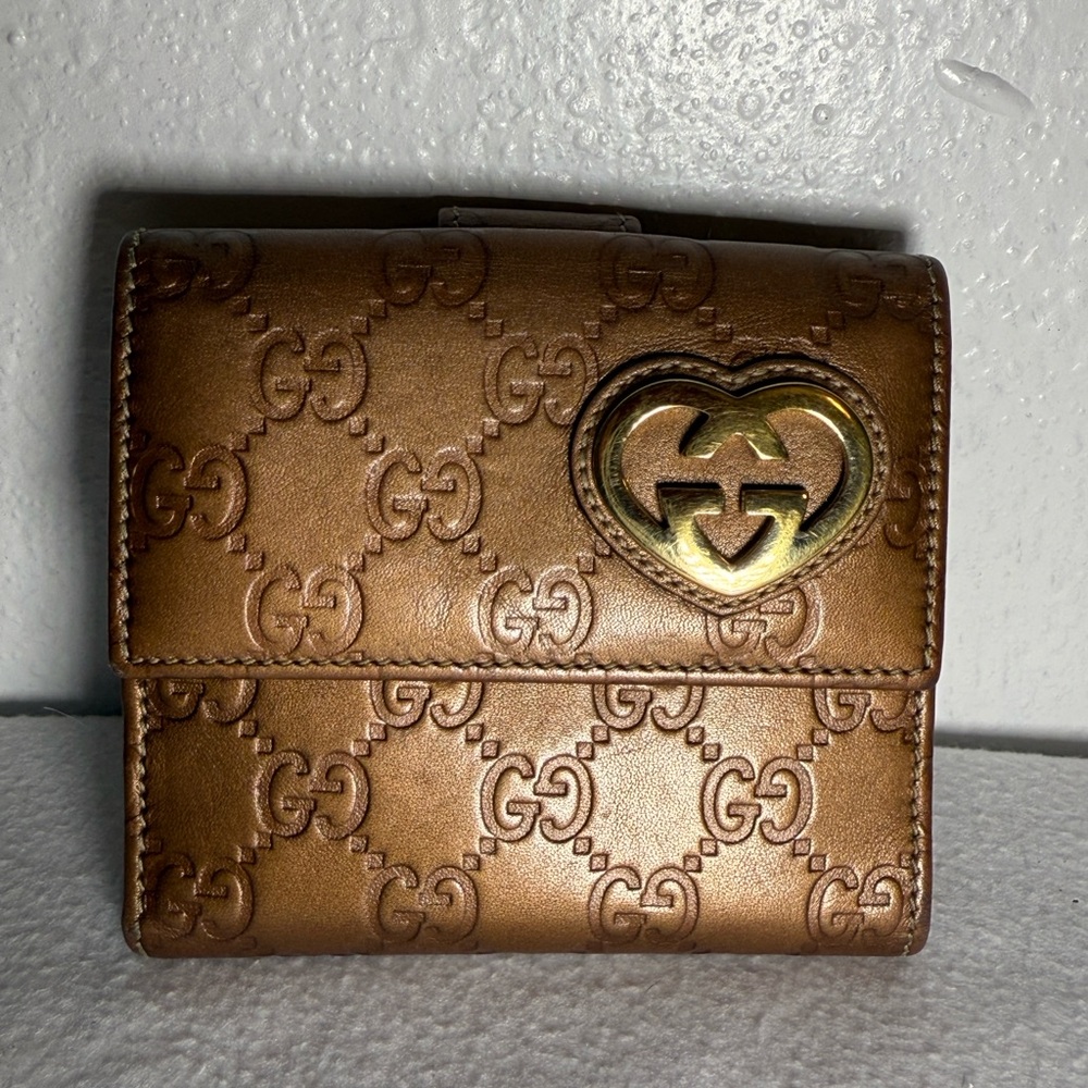 Gucci Guccissima Tan Wallet with Gold Heart Emblem